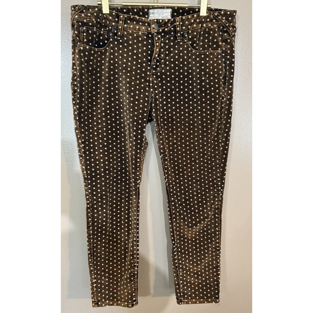 Free People Brown Velvet Skinny Jeans with Cream Polka Dots